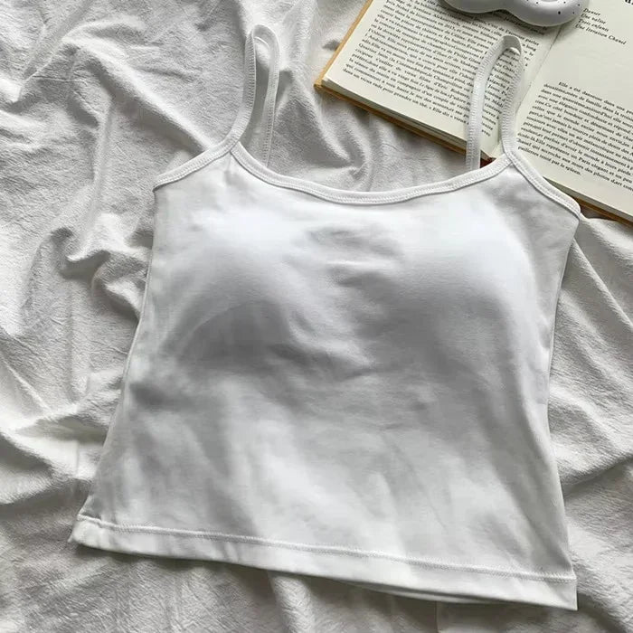 Women's Solid Color Spaghetti Straps Sleeveless Slim Camisole with Chest Pad Summer Wear Outside Female Short Tops Vests