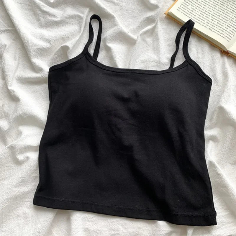 Women's Solid Color Spaghetti Straps Sleeveless Slim Camisole with Chest Pad Summer Wear Outside Female Short Tops Vests