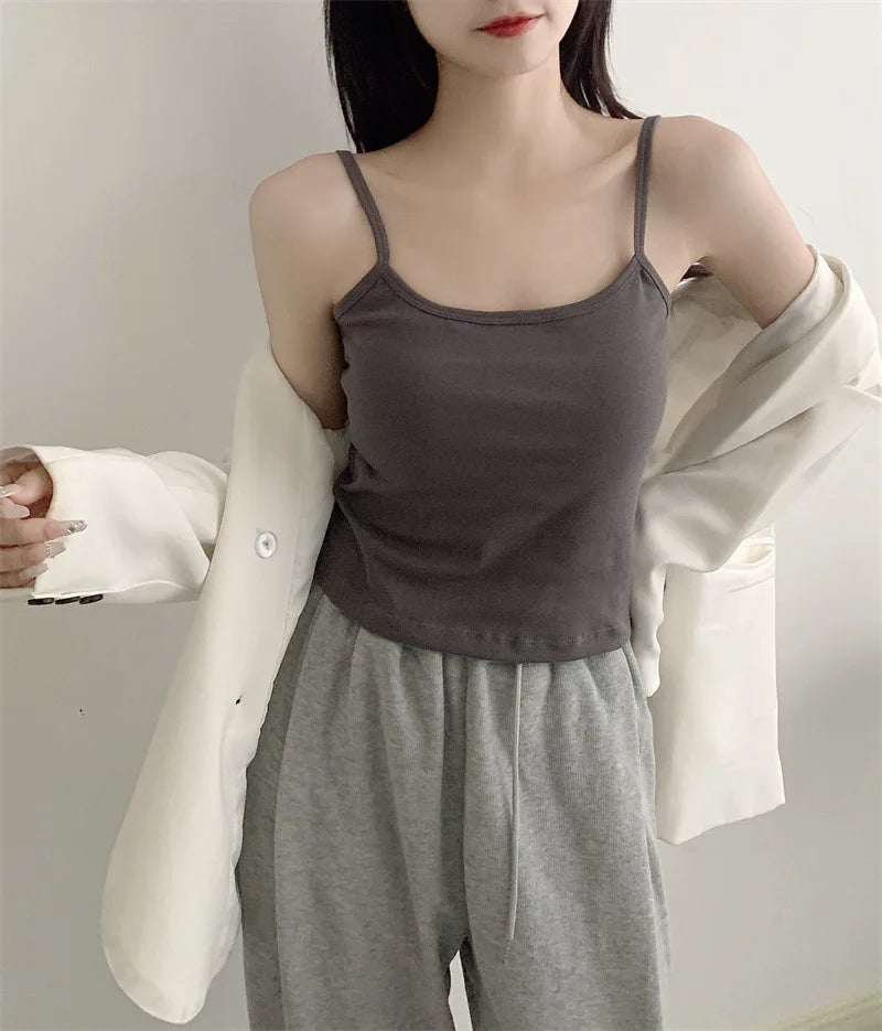 Women's Solid Color Spaghetti Straps Sleeveless Slim Camisole with Chest Pad Summer Wear Outside Female Short Tops Vests