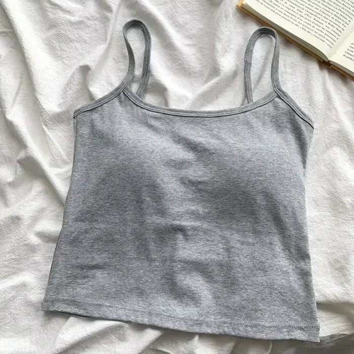 Women's Solid Color Spaghetti Straps Sleeveless Slim Camisole with Chest Pad Summer Wear Outside Female Short Tops Vests