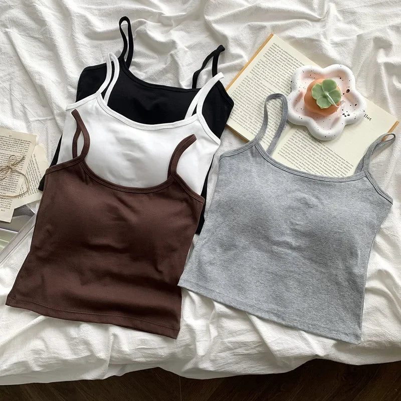 Women's Solid Color Spaghetti Straps Sleeveless Slim Camisole with Chest Pad Summer Wear Outside Female Short Tops Vests