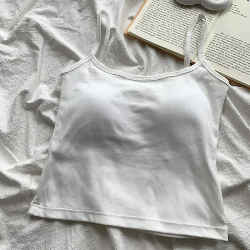 Women's Solid Color Spaghetti Straps Sleeveless Slim Camisole with Chest Pad Summer Wear Outside Female Short Tops Vests