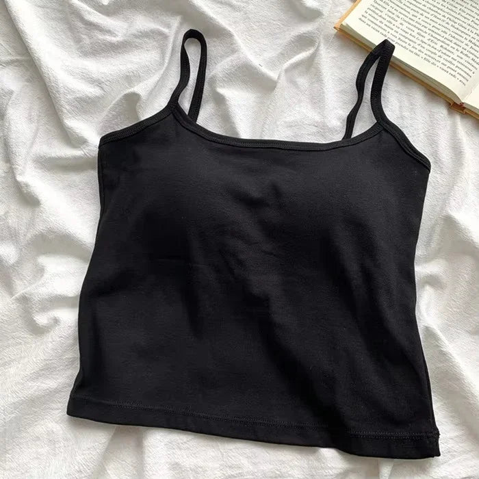 Women's Solid Color Spaghetti Straps Sleeveless Slim Camisole with Chest Pad Summer Wear Outside Female Short Tops Vests